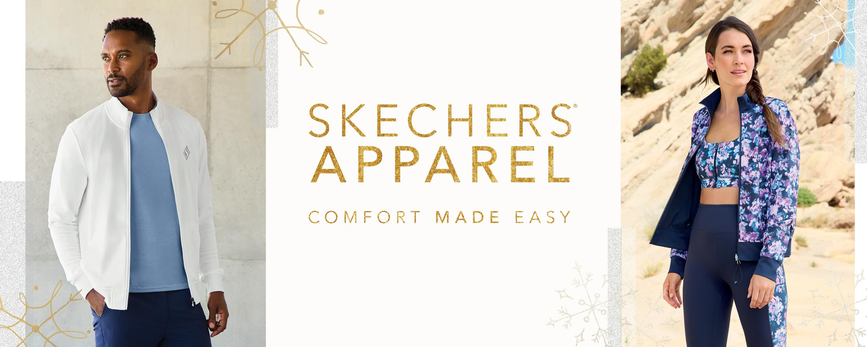Man and Woman wearing Skechers apparel banner