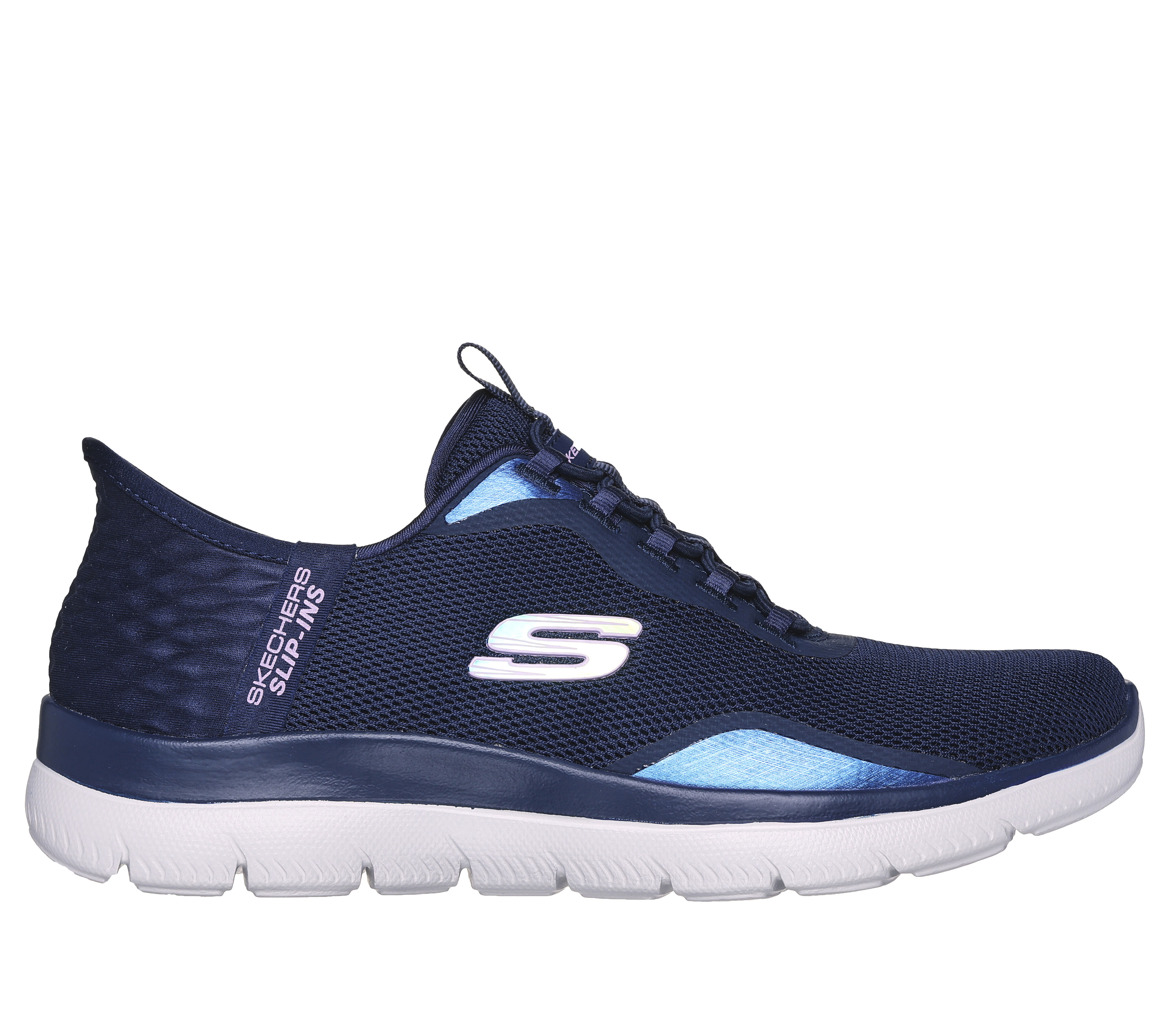 Blue and white striped skechers top