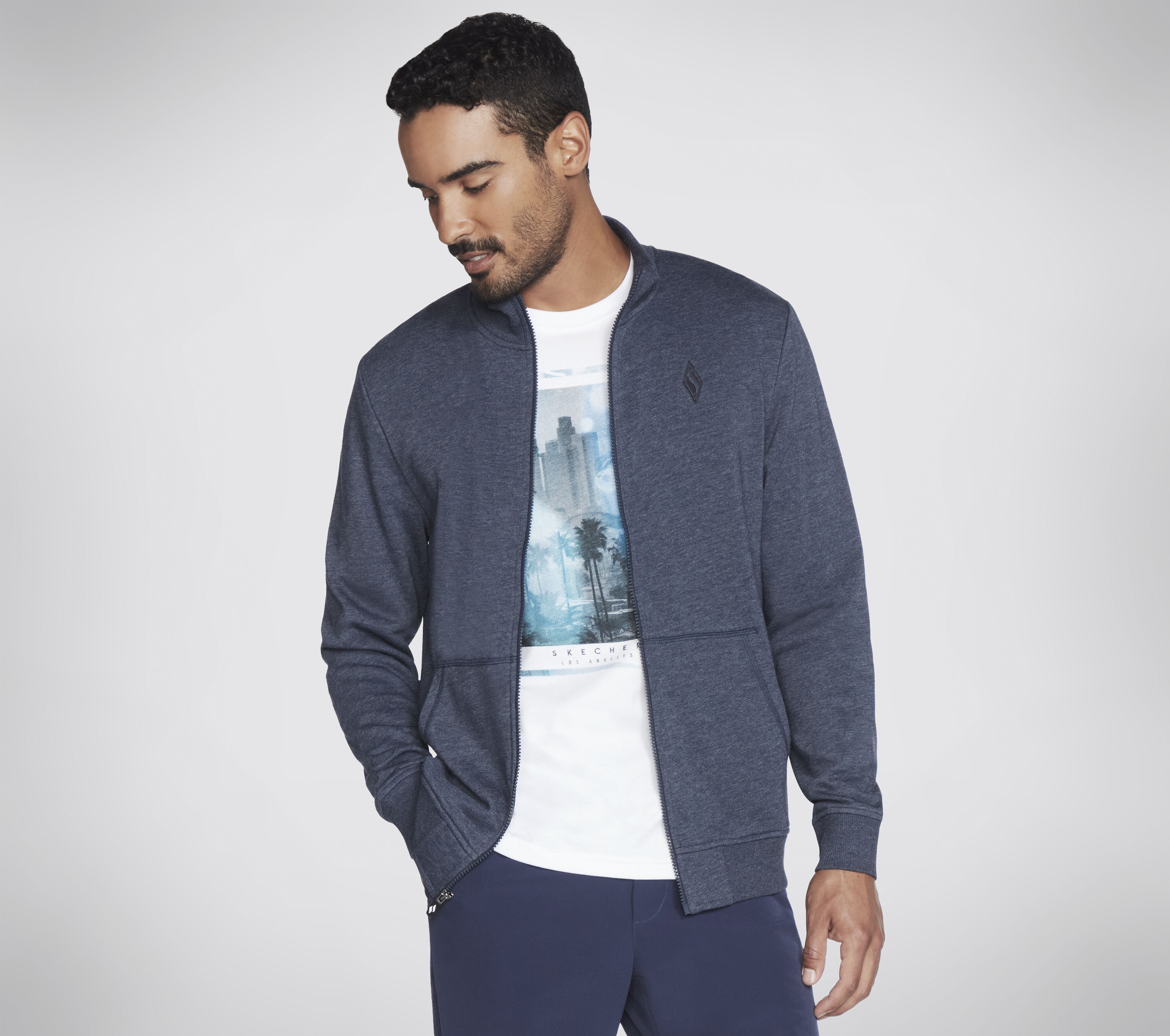 Navy blue hoodless jacket deals