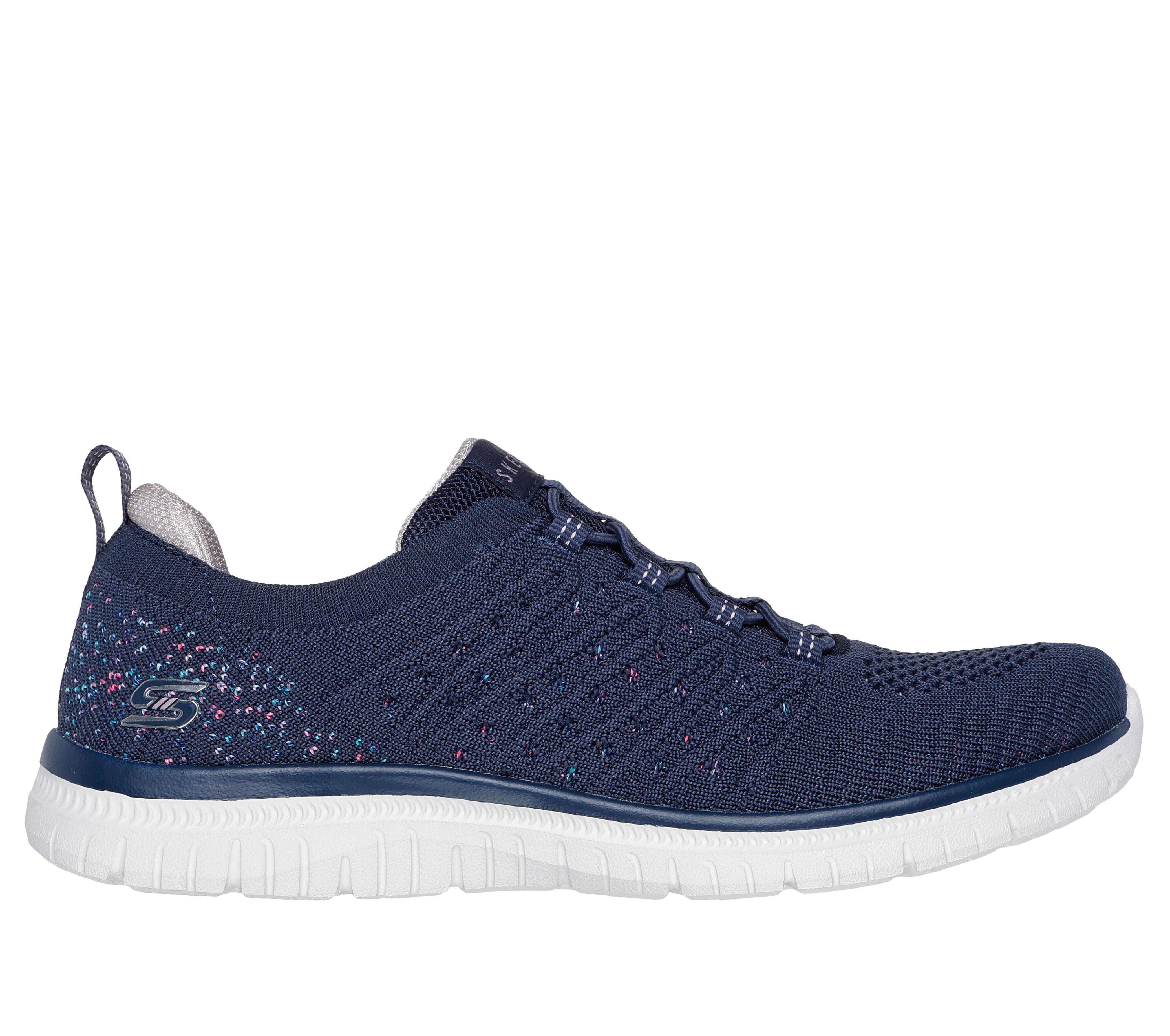 Skechers Women s Virtue Show Runner Sneaker in Navy Blue Size 8.0 Vegan Medium Width Machine Washable